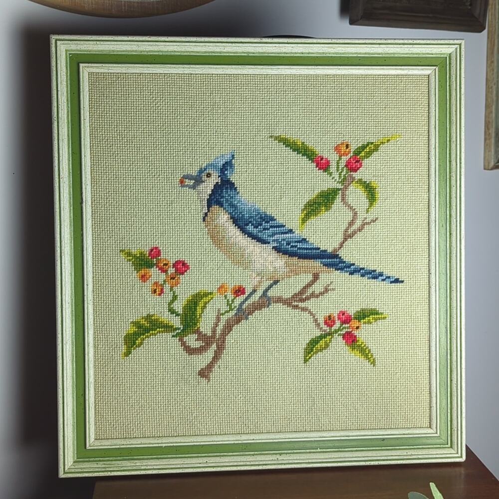 Framed Vintage Needlepoint Blue Jay Mid-Century Bird Cottagecore Wall Art 18x18